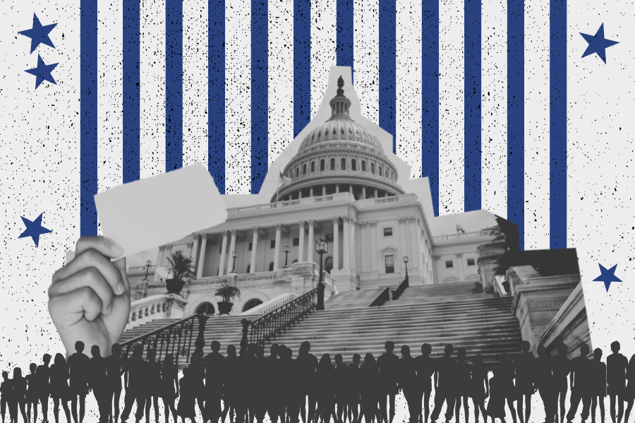 Collage-style illustration of the U.S. Capitol with a crowd gathered in front, a raised hand holding a blank sign, and blue stripes and stars in the background.
