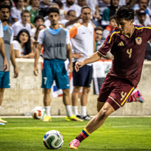 Soccer player kicks the ball during a match with spectators watching.