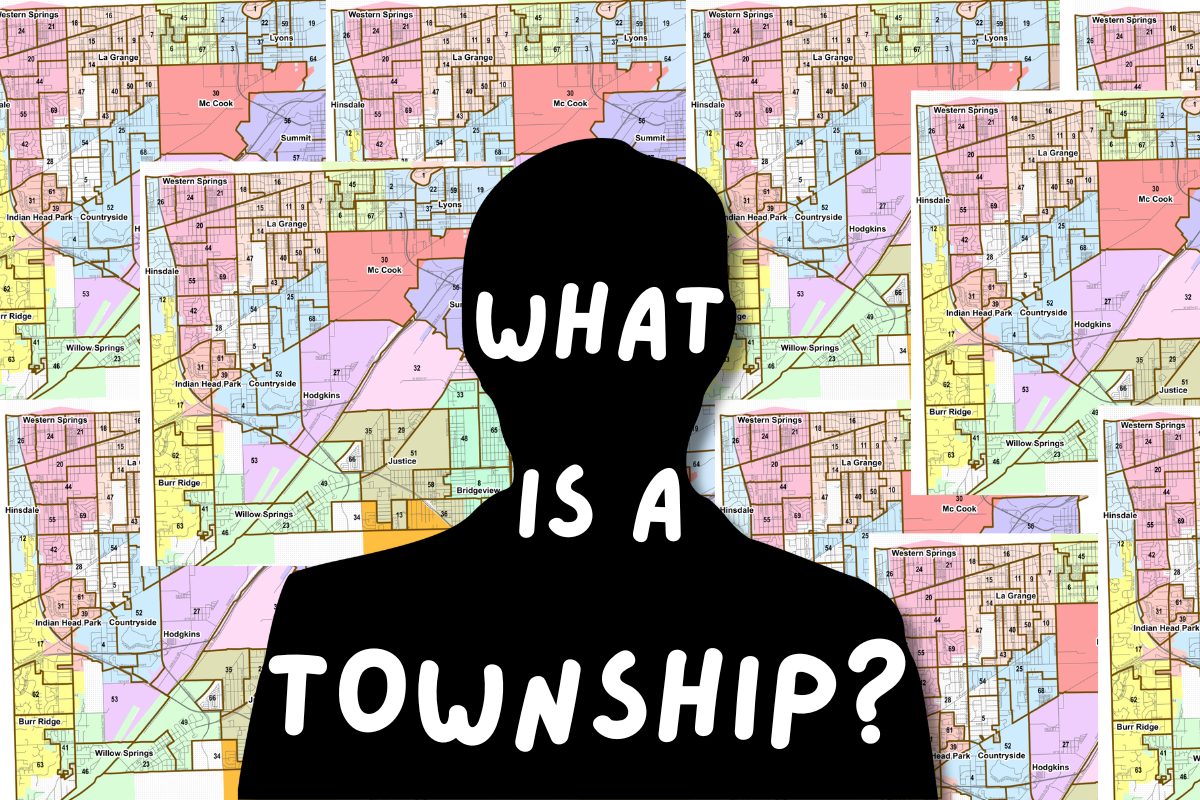 Graphic with the text "What Is a Township?" over a silhouette against a background of colorful map of Lyons Township.